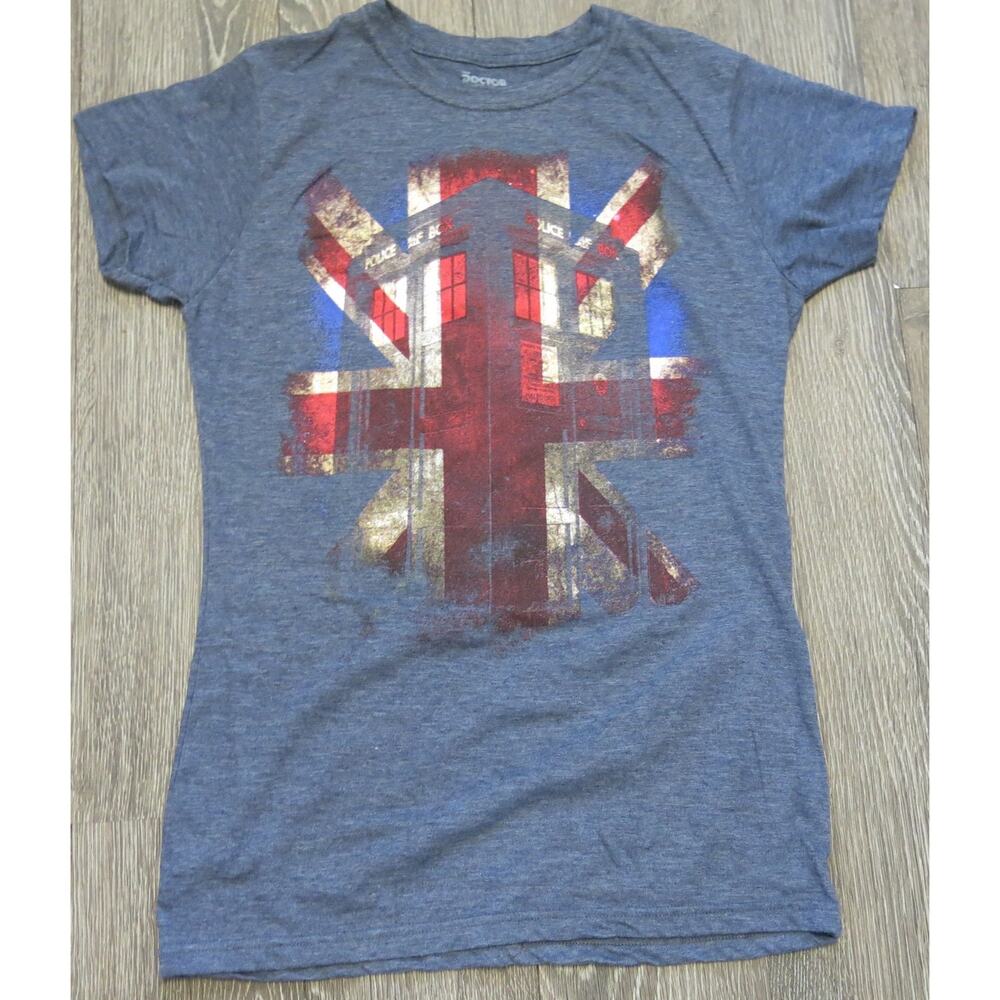 DOCTOR WHO Tardis UK Flag T Shirt Size XL Short Sleeve Gray Sci Fi British TV